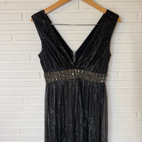 Black Metallic Silver Rhinestone Waist Band Silk Gown, Women’s Size Medium - Picture 2 of 11